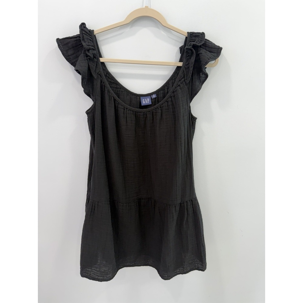 GAP Black Cotton Gauze Dress Small Ruffle Sleeve Tiered Mini Casual Boho Summer - Picture 2 of 9